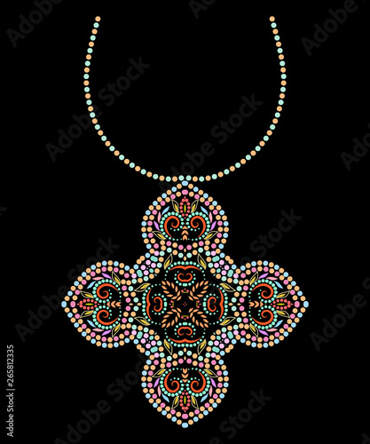 Decoration cross .Neckline ethnic design. Floral colorful traditional pattern. with beads. Vector print with decorative elements and beads for embroidery, for women's clothing.