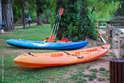 Two kayaks parked by the river with their oars on the grass. Vertical.