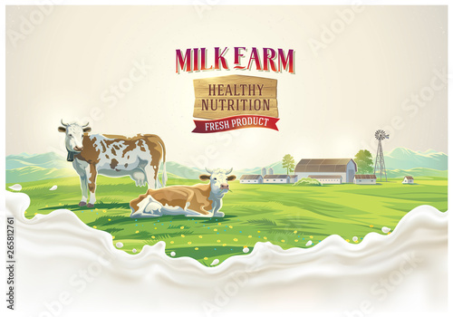 Two cows in the background of the summer landscape and splash from the milk, as well as graphic elements.