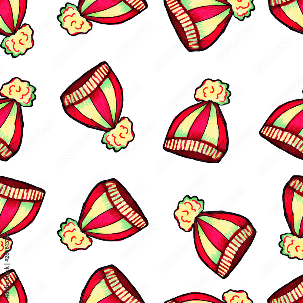 Christmas seamless pattern drawn by hand. Red knitted hat on a white background. Happy new year Christmas seamless pattern drawn by hand. Red knitted hat on a white background. Happy new year