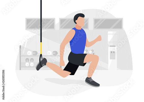 Fit man working out on trx doing bodyweight exercises. Fitness strength training workout.