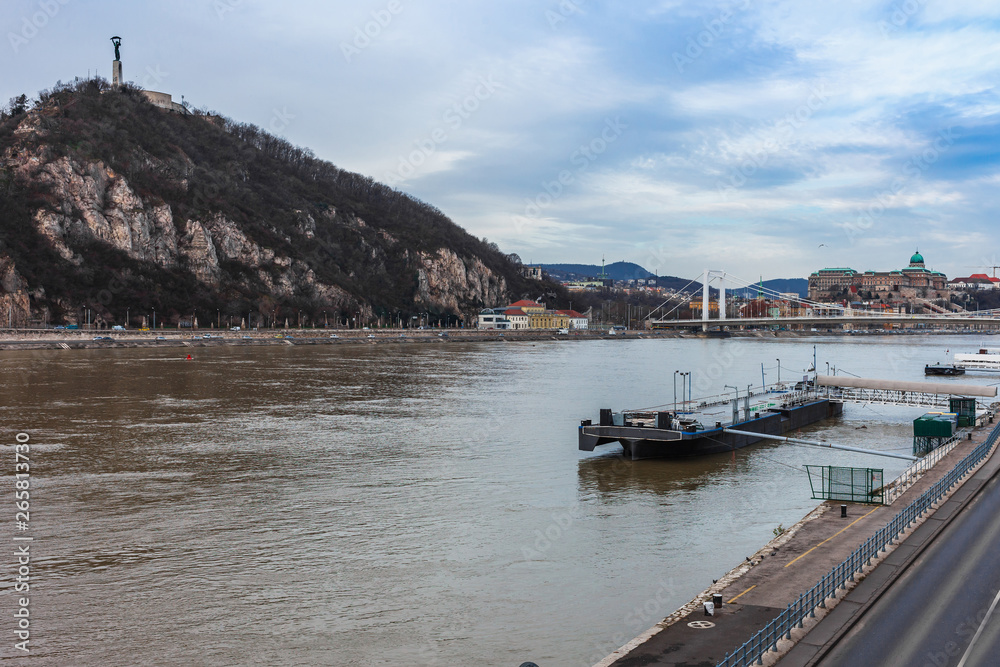 Fototapeta premium Panorama cityscape of famous tourist destination Budapest with Danube and bridges. Travel landscape in Hungary, Europe.