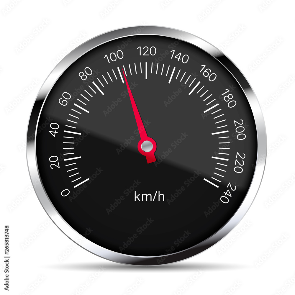 Realistic illustration of black speedometer with metal trim with glare and red pointer. Isolated on white background, vector Realistic illustration of black speedometer with metal trim with glare and red pointer. Isolated on white background, vector