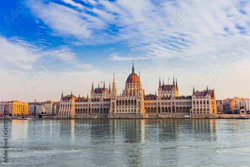Panorama cityscape of famous tourist destination Budapest with Danube, parliament and bridges. Travel landscape in Hungary, Europe. © oleg_p_100