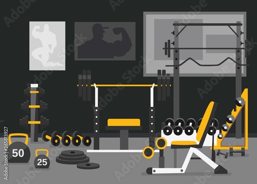 Sport center Free weights zone concept. Gym of fitness center interior design in flat style with barbell, plates, bench, kettlebell, power racks etc Equipment for powerlifting and Weightlifting.