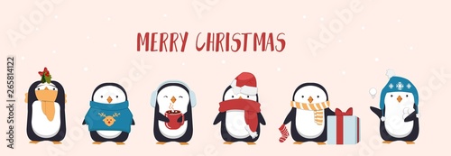 Merry Christmas greeting card with cute penguin. Seasonal character penguins wearing hats, scarf and holding gifts and mugs. Flat greeting card or banner design. Vector illustration