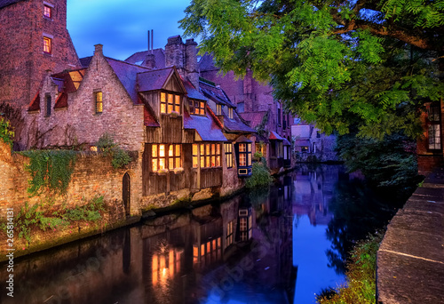 Bruges Old Town, Belgium. Traditional medieval houses at night.