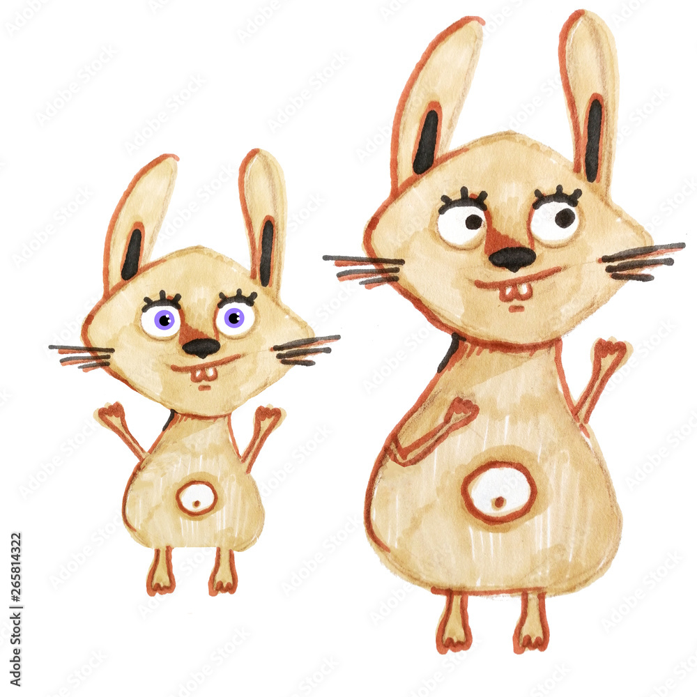 Two hares drawn by hand with markers on an isolated white background. Baby illustration. Mother hare and baby Two hares drawn by hand with markers on an isolated white background. Baby illustration. Mother hare and baby