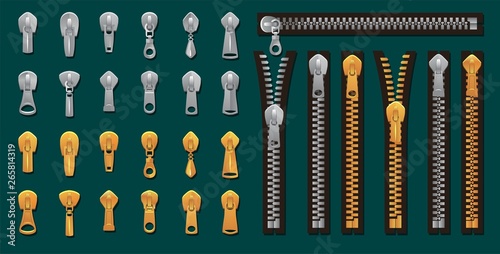 Golden and silver zippers and fasteners set. Vector Dye-to-Match Zippers for fashion design, prints etc. Cartoon pullers accessories for clothing, bags, shoes etc. Vector zippers collection photo