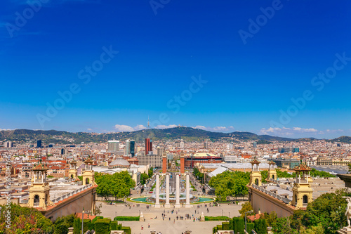 Skyline landscape of beautiful Barcelona from the Montjuic in a clear blue sky and sunny day. Famous tourist destination Catalonia, Spain