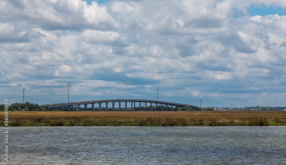 A bridge across a large expanse of saltwater wetland marsh A bridge across a large expanse of saltwater wetland marsh
