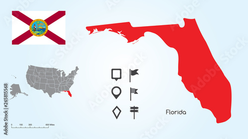 Map of The United States with the Selected State of Florida And Florida Flag with Locator Collection