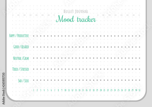 Mood tracker chart template for 31 days of a month. Printable planner. Perfect decision for bullet journal.