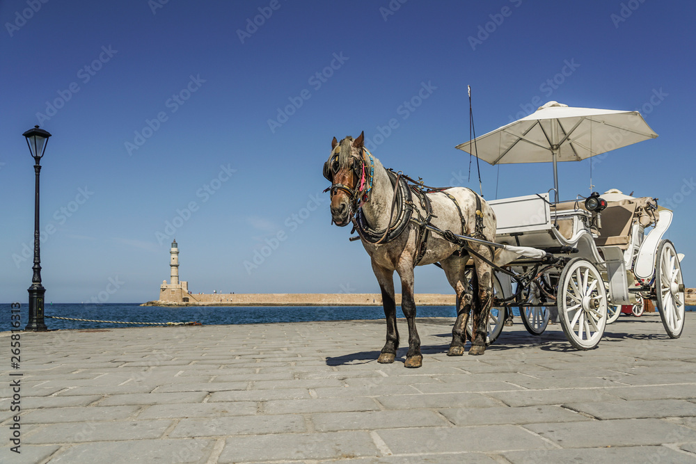 A horse cart by sea in the center of Crete Island in Greece.