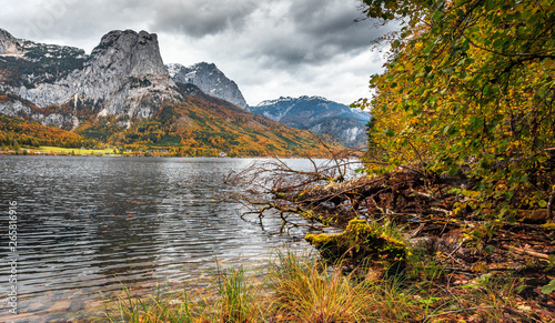 Wonderful Autumn landscape. Amazing Highmountain lake Grundsee and Mountain Backenstein on background. over the splendid Alpine Lake. Styria  Austria  Europe. Travels Conception. Picture of wild area.