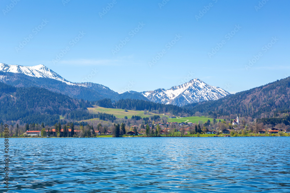 Tegernsee lake with a look at the snowy peaks