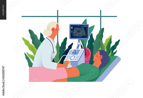 Medical tests illustration - ultrasound - modern flat vector concept digital illustration of ultrasonography procedure -doctor examing patient pregnant woman with scanner, medical office or laboratory