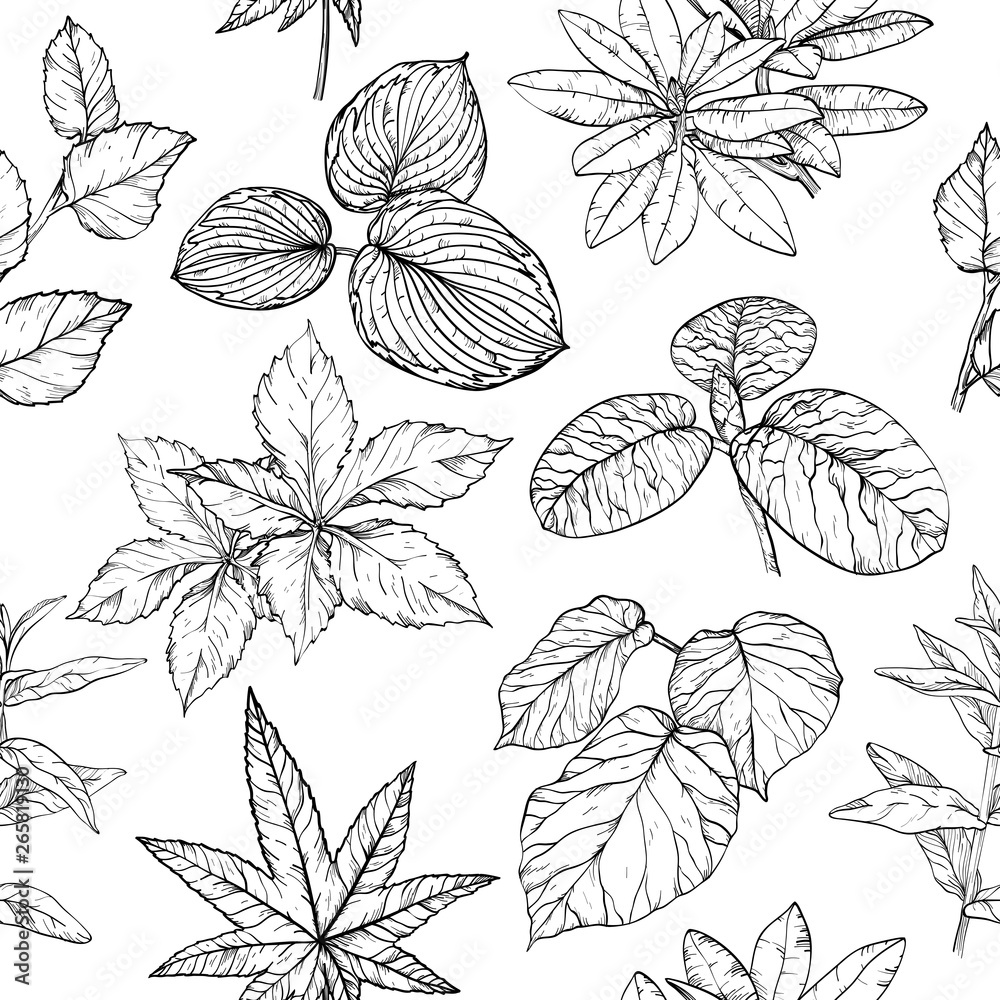 Seamless pattern with branches and leaves, hand drawn design elements Seamless pattern with branches and leaves, hand drawn design elements
