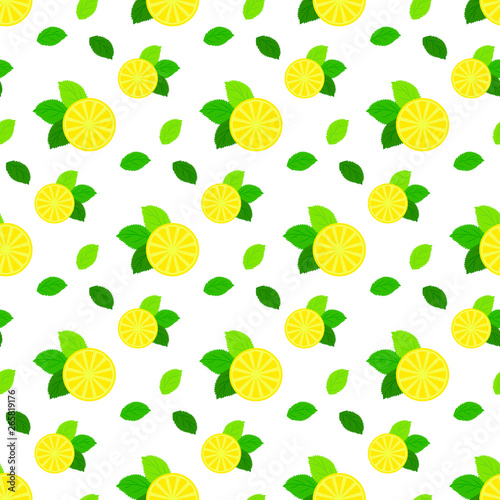 Seamless pattern with citrus fruits. Lemon and mint on white background.
