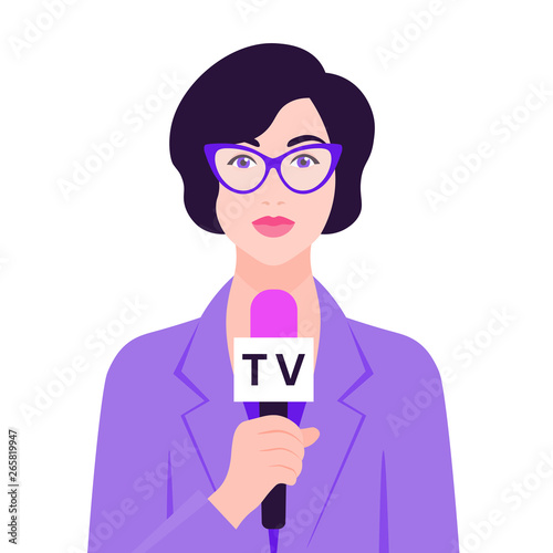 A woman holds a microphone in her hand. Correspondent reports the news. A television. Vector flat illustration