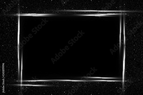 black square frame and glitter. Glowing silver particles texture around. Decoration with blank center for text.
