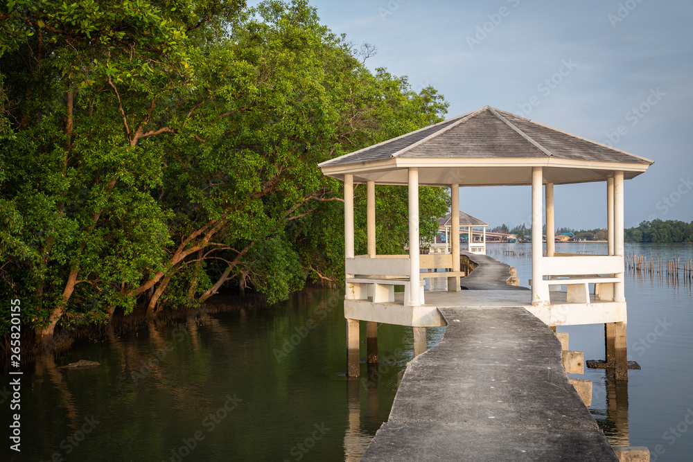 Pavilion for viewing and fisherman village at Bangtaboon Bay,Phetchaburi,Thailand