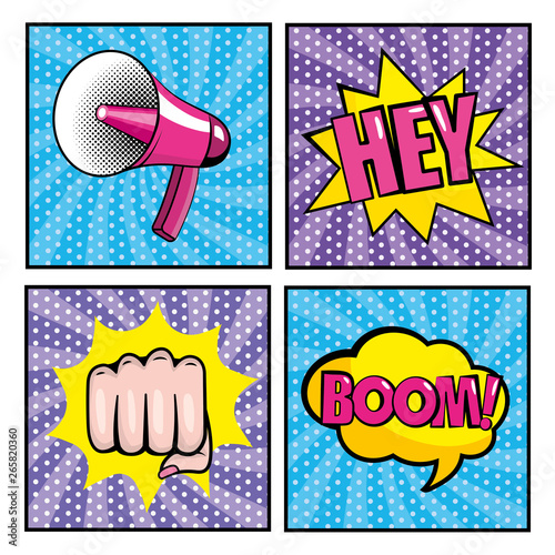 set megaphone and hand fist with pop art message photo