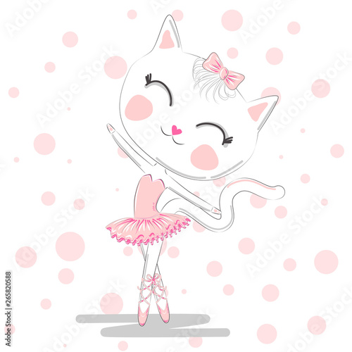 Happy cat girl in ballet costume dance on a piano on polka dot background illustration vector.