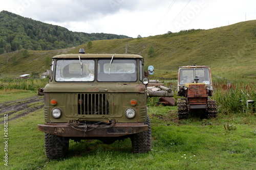 Equipment on the streets of the mountain village of Generalka Altai region