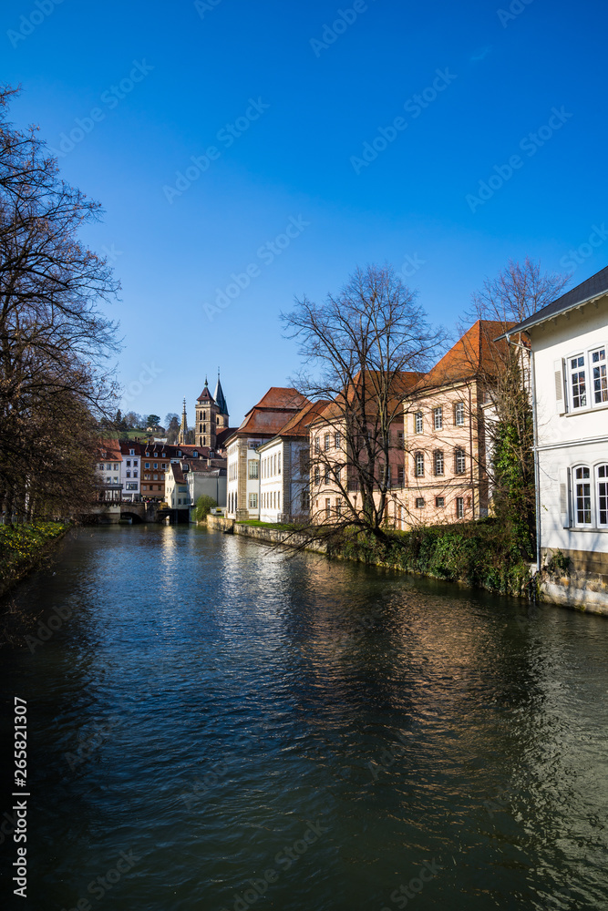 Germany, Beautiful houses of city esslingen am neckar alongside river water