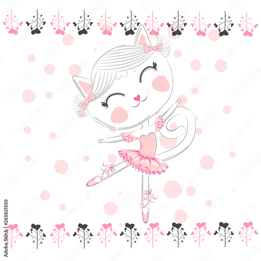 cute white cartoon cat in ballet tutu, kitty girl in a pink skirt cute white cartoon cat in ballet tutu, kitty girl in a pink skirt