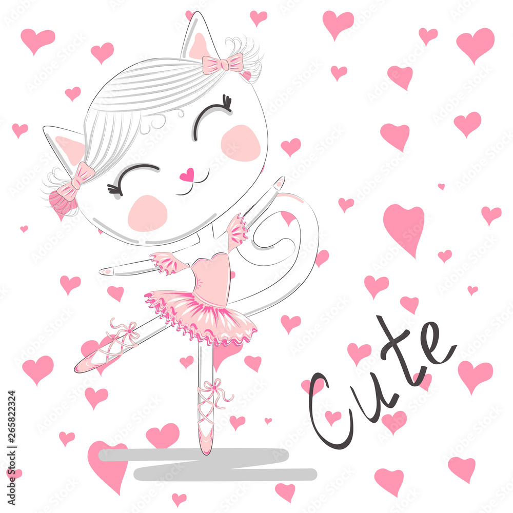Cute dancing cat in a pink dress on blue background. Ballerina love dancing. Cute dancing cat in a pink dress on blue background. Ballerina love dancing.