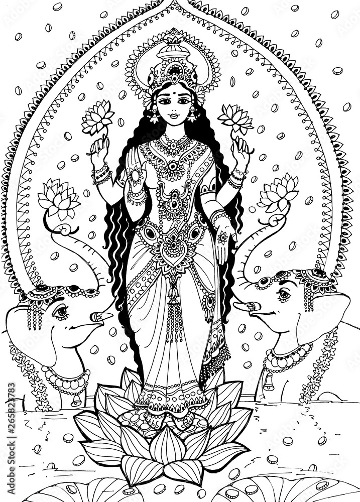 The goddess Lakshmi stands on a lotus flower and two elephants are ...