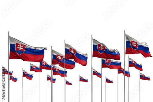 cute memorial day flag 3d illustration. - many Slovakia flags in a row isolated on white with empty space for text