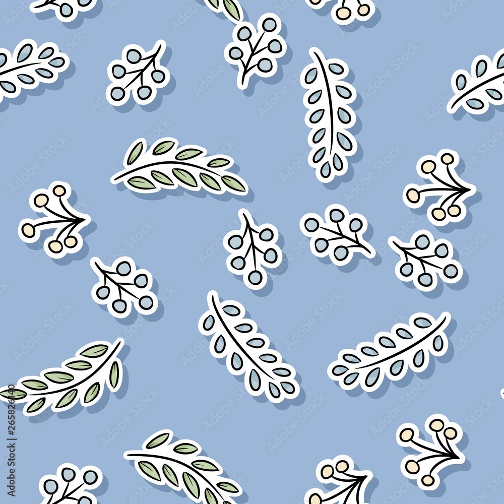 Decorative floral seamless pattern with leaves and branches. Cartoon hand drawn texture background