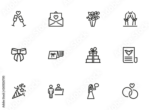 Party invitation line icon set. Hostess, card in envelope, clinking flutes. Holiday concept. Can be used for topics like festive event, wedding, celebration
