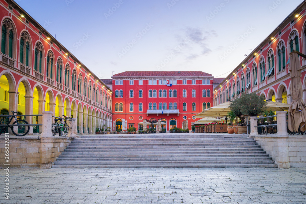 Empty Republic Square in Split, early morning view
