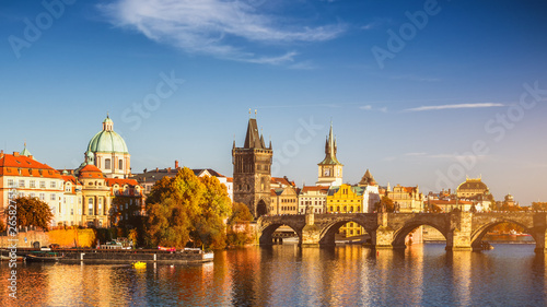 Prague  Czezh Republic. Scenic autumn aerial view of the Old Town with red foliage