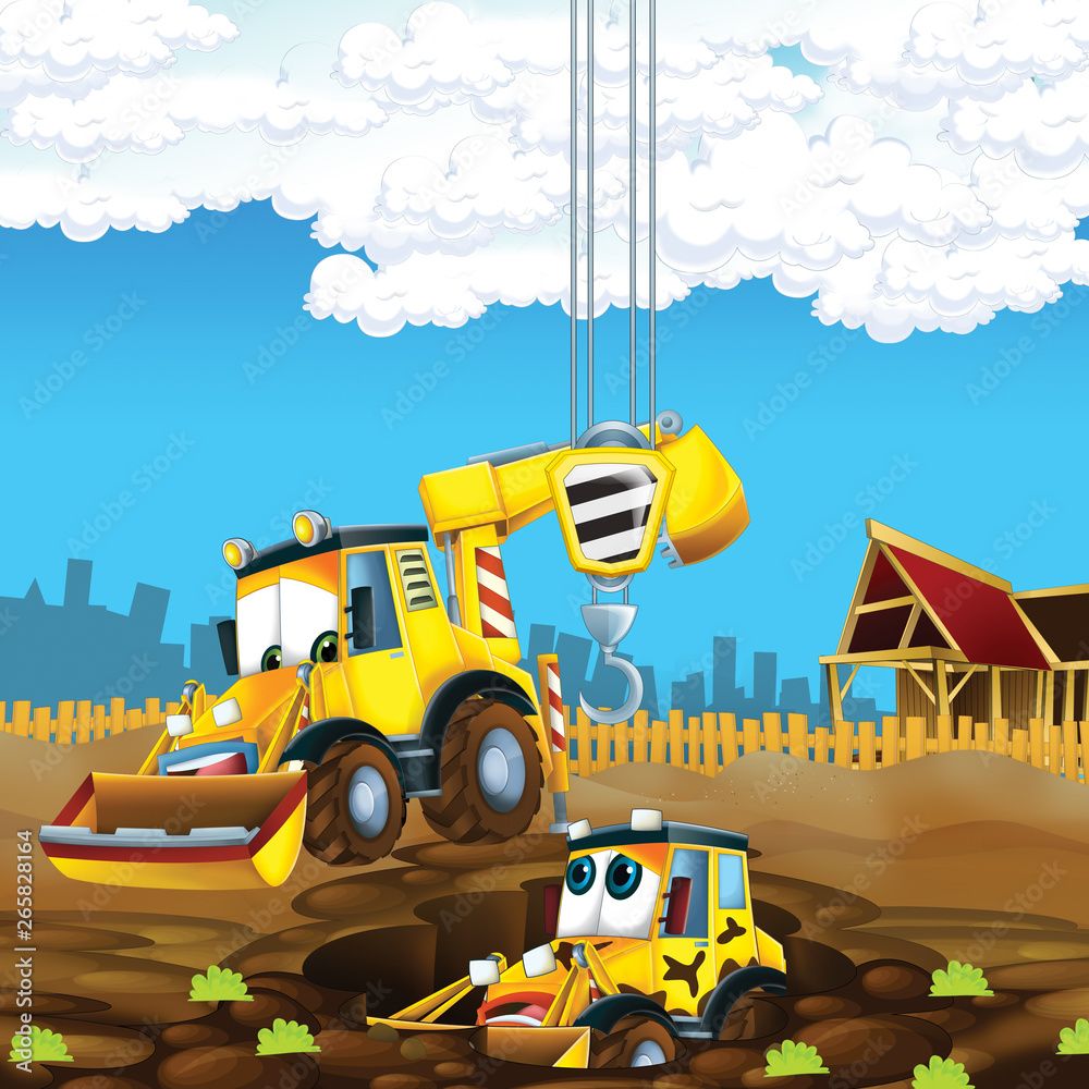 Naklejka premium cartoon scene with diggers on construction site father and son - illustration for the children