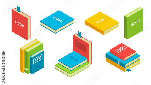  Set of books, textbooks in the style of isometry. Shelf with books. Green book, red, blue, yellow book are stacked