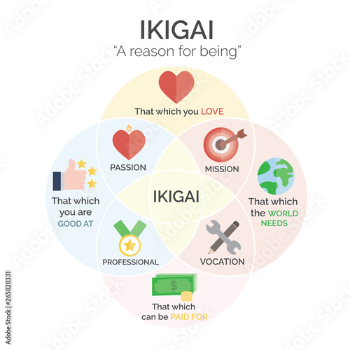 KIGAI Japanese Concept, Japanese Diagram Concept, A Reason for being self realization, meaning of life concept, minimalistic style Vector Illustration photo