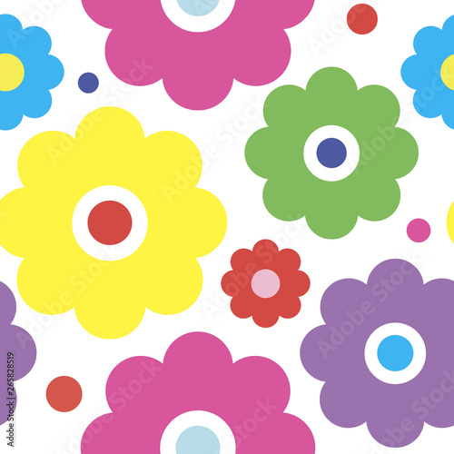 Flower background. Abstract pattern multicolor flower icons on white backdrop. Seamless wallpaper.