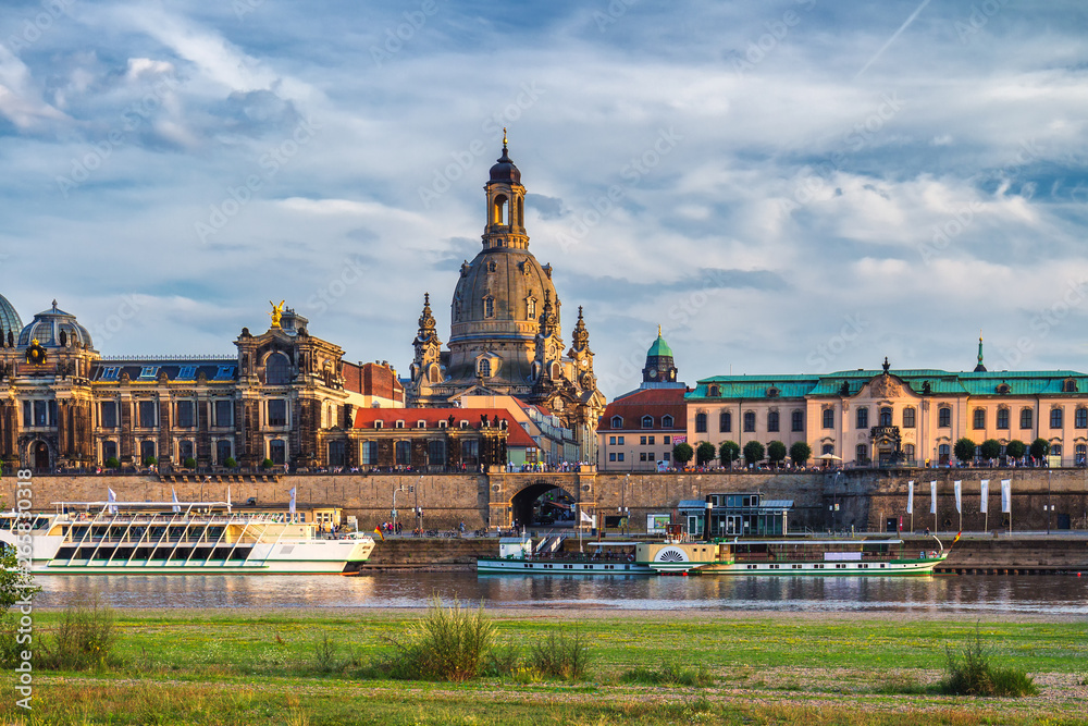 Dresden city skyline panorama at Elbe River and Augustus Bridge, Dresden, Saxony, Germany