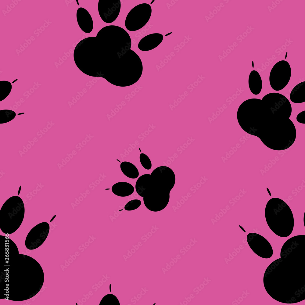 Fototapeta premium Paws. Paw abstract pattern. Seamless backdrop silhouettes of paw, cat's feet, dog's footprint. Black on pink background.