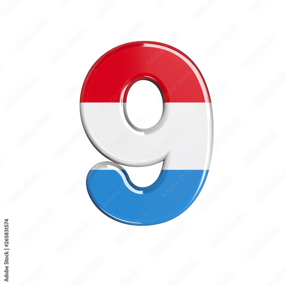 Luxembourg number 9 -  3d Luxembourgish flag digit - Suitable for Luxembourg, flag or finance related subjects