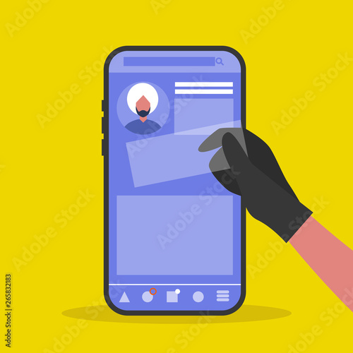Personal data stealing. Social media. Thief. Conceptual illustration. Flat editable vector illustration, clip art