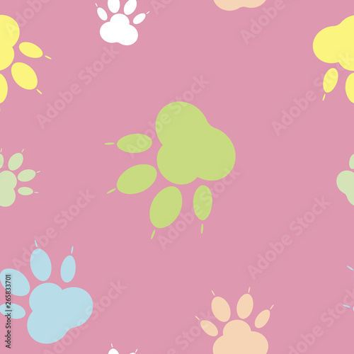 Paw pattern. Abstract backdrop. Silhouettes of paw, cat's feet, dog's footprint. Pastel multi colored paws on a pink background. Seamless wallpaper.  © Татьяна Петрова