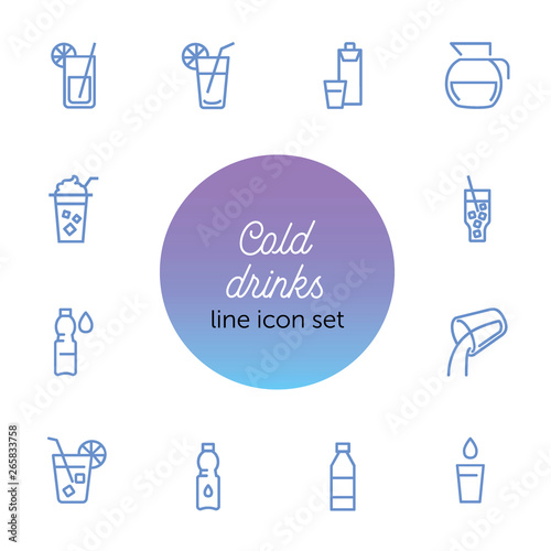 Cold drinks line icon set. Lemonade, cocktail, bottle, straw. Drink concept. Can be used for topics like summer, bar menu, cafe