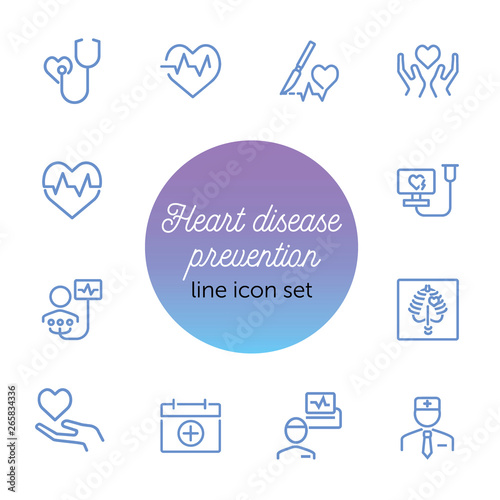Heart disease prevention line icon set. Stethoscope, surgery, cardiogram, first aid kit. Medicine concept. Can be used for topics like heart attack, medical help, hospital