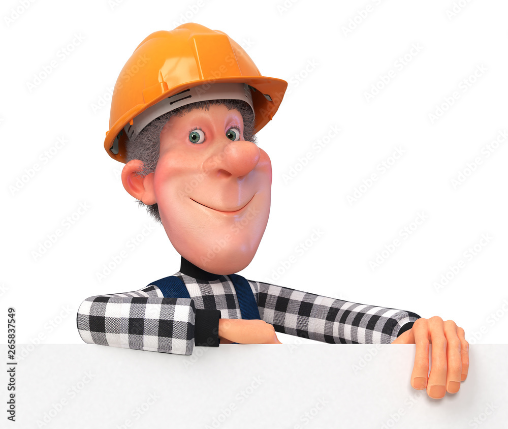 3d illustration Builder working in overalls with a poster/3D illustration of funny plumber engineer character is getting ready to repair 3d illustration Builder working in overalls with a poster/3D illustration of funny plumber engineer character is getting ready to repair
